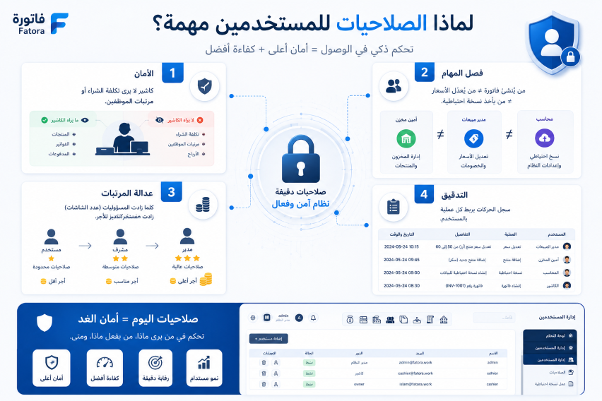 لقطة شاشة: الأدوار والصلاحيات — حسب الدور الوظيفي أو مستخدم محدد في فاتورة